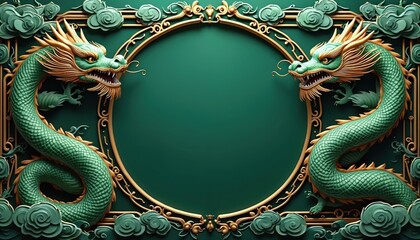 Two green dragons with golden accents frame blank space on deep green background. Clouds, ornate golden scrollwork complete decorative border. Design perfect for announcements as festive Asian theme