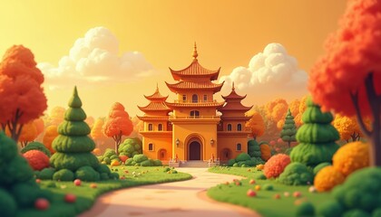 Obraz premium Stylized asian temple with orange roof sits in whimsical landscape. Rich green grass, colorful trees under warm orange sky. Peaceful fantasy garden setting. Serene zen oasis.