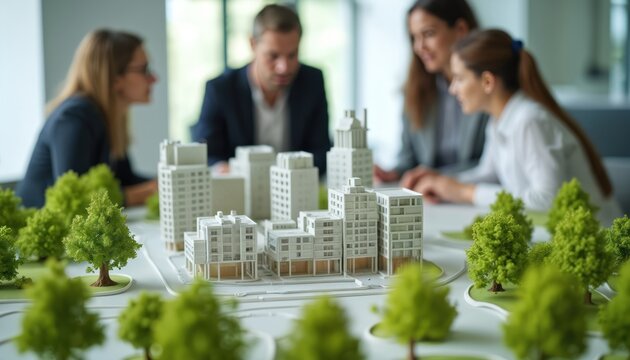 Business team studies scale model of new buildings. Architects discuss urban planning project together. Professionals review real estate development at office. Teamwork collaboration concept. Model - Powered by Adobe