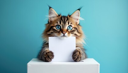 Fluffy cat with blue eyes holds blank paper near ballot box. Pet casts vote on blue background. Animal participates in election. Choice concept.