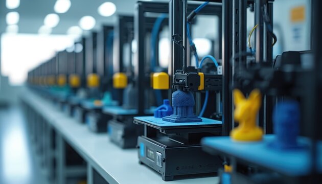 Many 3D printers create plastic objects in a factory. Machines build models layer by layer using filament. This rapid tech makes prototypes and custom parts.