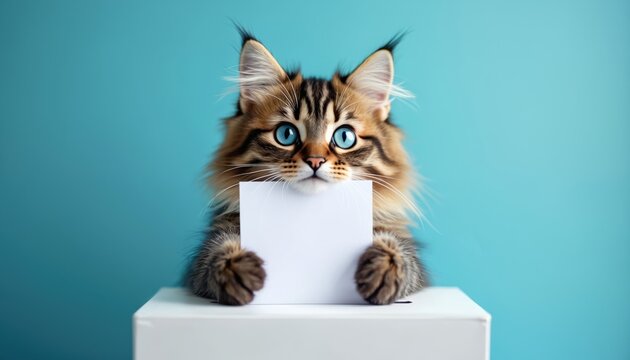 Fluffy cat with blue eyes holds blank paper near ballot box. Pet casts vote on blue background. Animal participates in election. Choice concept.