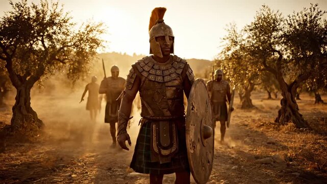 Soldier with helmet and shield leads march. Ancient warrior in armor holds spear. Army follows through dusty olive grove. Sun backlights figures in dust. Scene evokes battle and march. Battle tone.