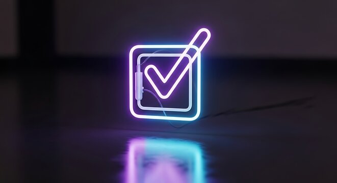 Checkmark Neon Sign Glowing with Colorful Reflection on a Dark Surface