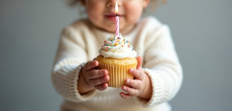 Small baby holds cupcake with lit candle for first birthday. Sweet cake has white frosting and colorful sprinkles. Happy child celebrates milestone event with a treat.