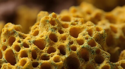 Close up of a yellow porous sponge showcasing its intricate texture and cellular structure for scientific study