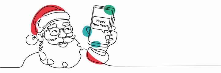 Santa holding smartphone with New Year message in minimalist line art with color accents, single line drawing with color accents on white background