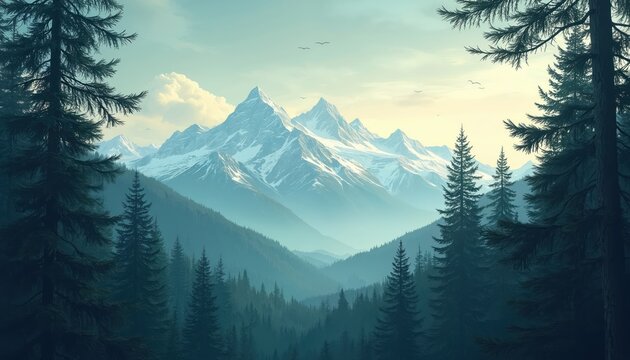 Snow capped mountains rise above dense evergreen forests under a light blue sky with scattered clouds and distant birds. Dark pine trees frame the foreground creating depth and natural beauty.