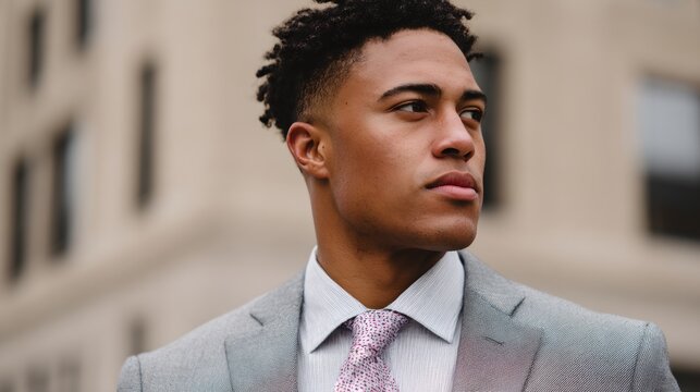 Man in a suit and tie stands in front of a building