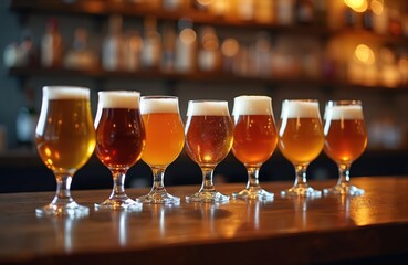 Collection of beer glasses with foam stand on wooden bar counter. Different amber colored liquid with white head fills glasses, pub interior blurred background, beverage tasting.