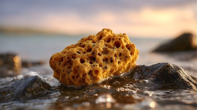 A natural sea sponge rests on wet rocks at the shore during golden hour with gentle waves and soft warm light