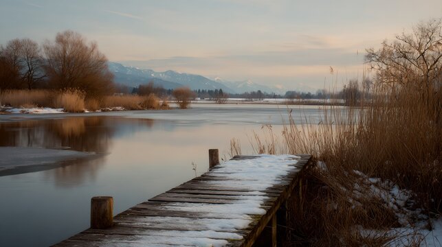 Wooden pier sits on a frozen lake