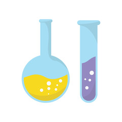 Isolated cartoon illustration of chemical experiment tubes with yellow and purple liquids for Chemistry and Biology education in schools. Graphic Elements with a back to school theme.