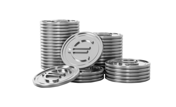 Stacks of gleaming silver Euro coins on black, symbolizing European finance and