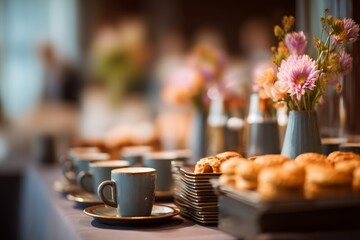 Obraz premium Elegant Coffee Break Setup at Business Event. A soft blur of a breakfast event where professionals network over morning coffee. High quality