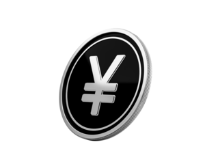 Elegant 3D render of a silver Japanese Yen currency coin on black.