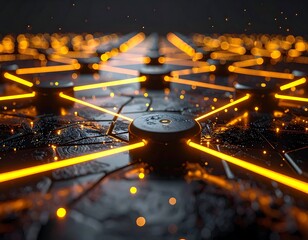 Futuristic digital network with interconnected nodes and glowing lines. Dark environment with focused and blurred details, illuminating paths