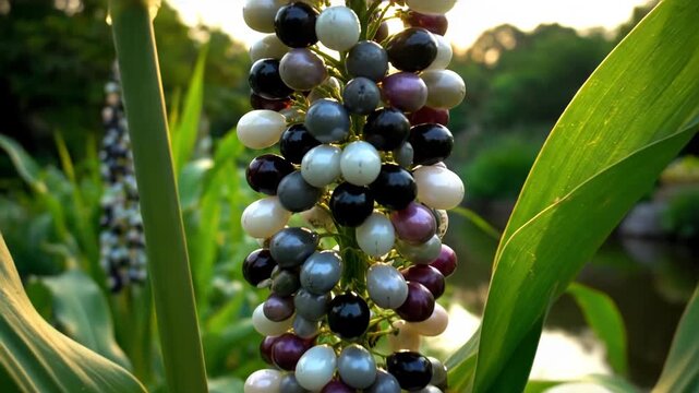 Colorful Job&rsquo;s Tears Plant Growing in Sunlit Garden &ndash; Multi-Colored Coix Seeds on Green Stalks