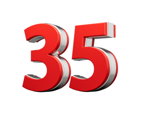 Bold Vibrant Red Number Thirty five Number 35 With Metallic On White Background 3D Illustration