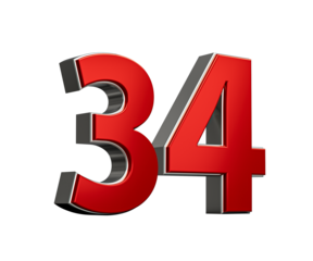 Bold Vibrant Red Number Thirty four Number 34 With Sleek Metallic White Background 3D Illustration