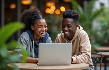 Two happy black college students laugh while looking at a laptop screen together. Young adults collaborate on school project outdoors. Diversity in education.