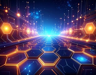 Futuristic digital pathway with hexagonal pattern, glowing orange and blue lights, lines converging towards a bright horizon
