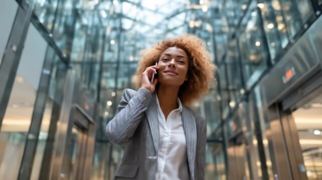 Woman talking on phone in modern building with glass elevators