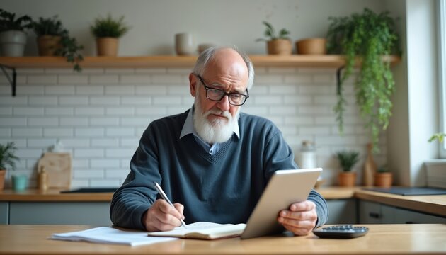 Senior man concentrates on tablet reviewing financial documents at kitchen table. He uses calculator, pen to analyze expenses, budget. Scene depicts retirement planning, personal finance management.