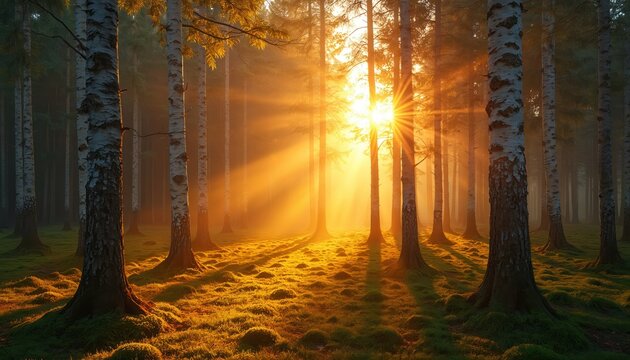 Sun beams stream through birch tree forest clearing during autumn sunset. Golden hour light illuminates mossy ground, casting long shadows on path. Nature scene glows. - Powered by Adobe