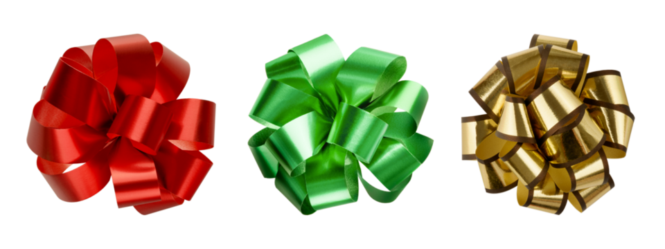 Set decorative gold, red, green gift bow isolated on white background with clipping path. Christmas, Valentines, holiday packaging, birthdays, weddings, festive decorations. Closeup design element.