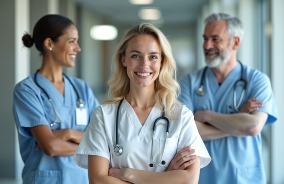 Diverse medical professionals stand smiling in hospital hallway. Team of doctors nurses show collaboration and unity. Healthcare workers with stethoscopes pose confidently. Their work is vital. - Powered by Adobe