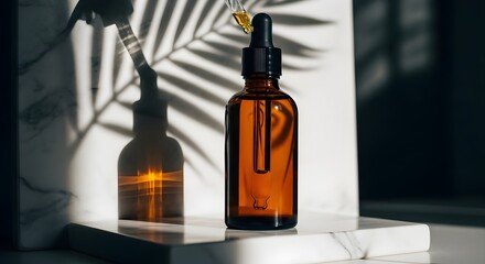 A bottle of amber serum with a dropper under sunlight.