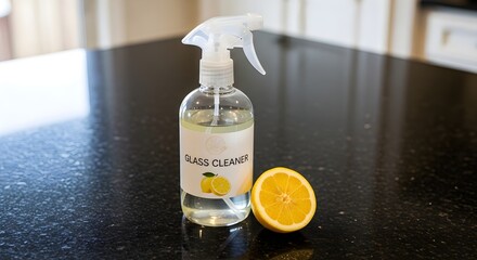 A bottle of glass cleaner sits next to a lemon half on a kitchen countertop.