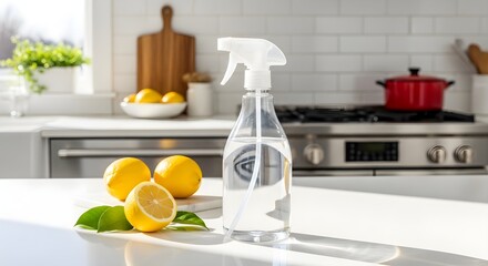 A spray bottle of cleaning solution sits next to lemons on a kitchen counter.