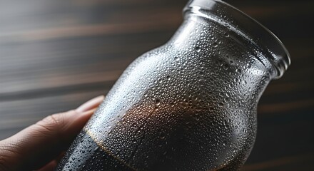 A hand holds a glass bottle covered in condensation filled with a dark liquid.