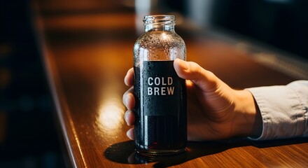 A hand holds a bottle of cold brew coffee on a wooden surface.