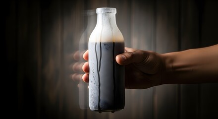 A hand holds a cold bottle of dark liquid dripping with condensation.