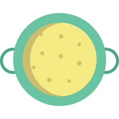 Simple graphic illustration of a round yellow bowl with green handles and a speckled texture inside on a transparent background