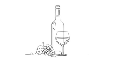 Elegant single continuous line art drawing of a wine bottle with a full glass and a bunch of grapes, minimalist vector illustration for winery menu c