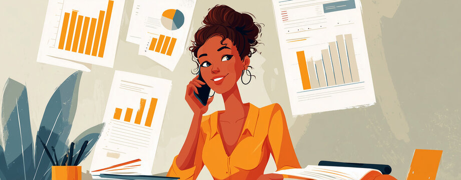 Modern workspace scene with a woman typing and animated banknotes growing into a financial bar chart.