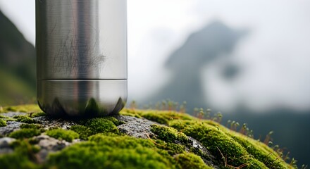 A stainless steel bottle rests on mosscovered rocks in a misty outdoor scene.