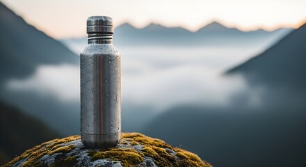 A reusable metal water bottle sits on a mossy rock with mountains and fog in the background.