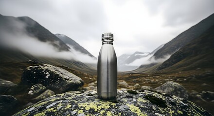 A stainless steel water bottle sits on a mossy rock in a scenic mountain landscape.