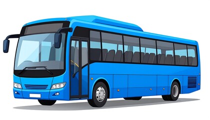 A bright blue bus with tinted windows, isolated on white, casting a slight shadow