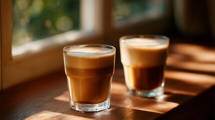 Coffee drinks on a wooden table near a bright window in a cozy cafe
