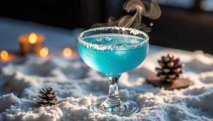 Mystical blue cocktail in a glass with smoky effect on a snowy surface and candlelight ambiance