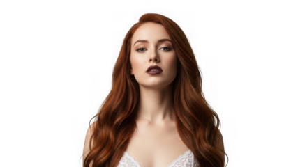 Beautiful young woman with red hair and dark lipstick isolated on transparent background