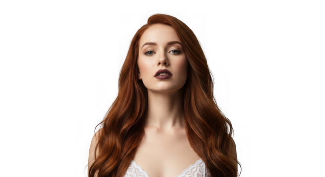 Beautiful young woman with red hair and dark lipstick isolated on transparent background - Powered by Adobe