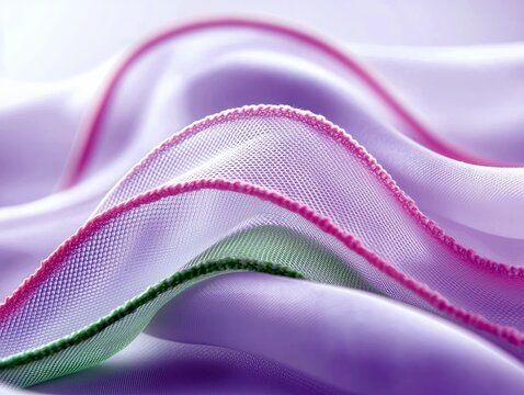 Close-up of flowing lavender fabric with a textured mesh layer trimmed in pink and green.