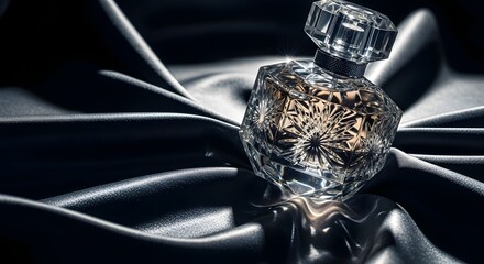 Luxury crystal perfume bottle on dark satin fabric.